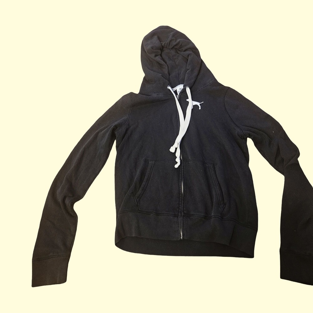 Victorias Secret PINK Full Zip Hoodie Black Love Pink‎ Graphic Sweatshirt Large